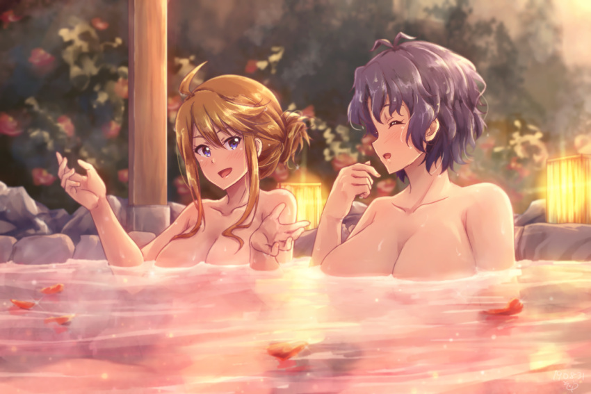 2girls ahoge alternate_hairstyle antenna_hair bare_shoulders bathing blue_eyes blue_hair blurry blurry_background blush breasts brown_hair bush cleavage collarbone completely_nude folded_ponytail hands_up idolmaster idolmaster_million_live! idolmaster_million_live!_theater_days lamp large_breasts long_hair looking_at_another multiple_girls nude onsen open_mouth partially_submerged petals petals_on_liquid pillar rock short_hair smile sokura_(mellow) swept_bangs tokoro_megumi toyokawa_fuka wavy_hair wet