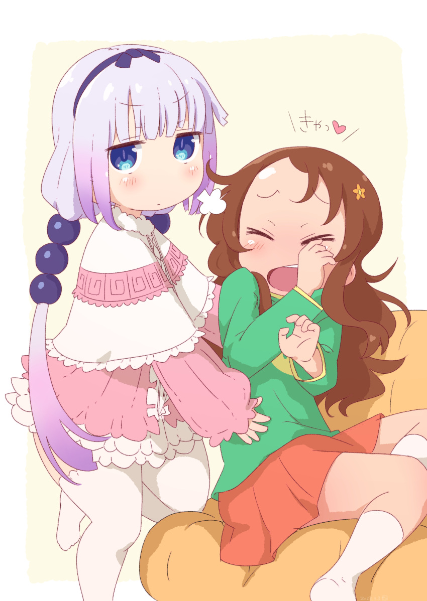 2girls beads blue_eyes child closed_eyes commentary_request dress embarrassed gradient_hair grey_hair hair_beads hair_ornament hand_on_another's_stomach heart highres kanna_kamui kobayashi-san_chi_no_maidragon long_sleeves looking_at_viewer multicolored_hair multiple_girls open_mouth pink_dress puffy_sleeves purple_hair red_skirt saikawa_riko sitting skirt socks standing standing_on_one_leg tabayan_jigokuhen thighhighs translation_request white_socks white_thighhighs