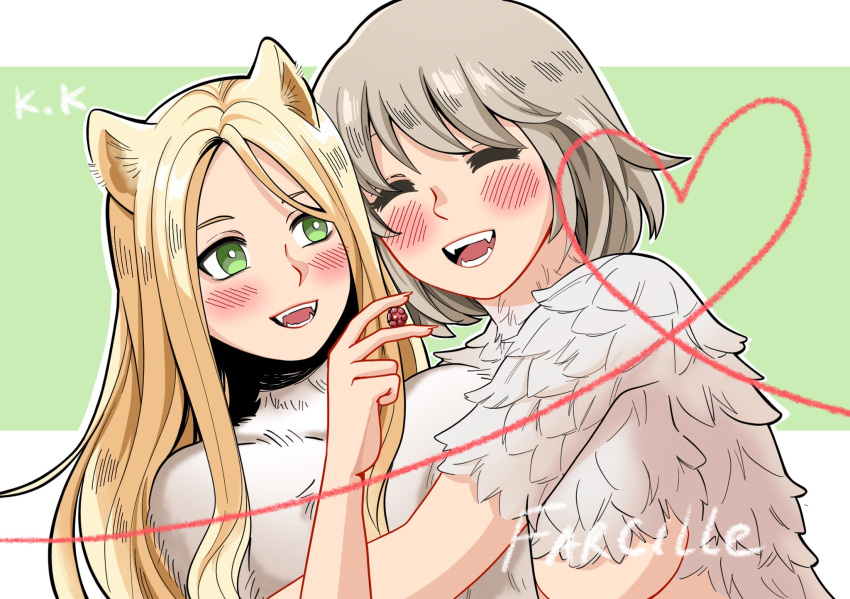 2girls blonde_hair blush body_fur breasts closed_eyes dungeon_meshi elf falin_touden falin_touden_(chimera) feathers highres long_hair marcille_donato mika29428149 monster_girl multiple_girls open_mouth pointy_ears short_hair simple_background smile yuri