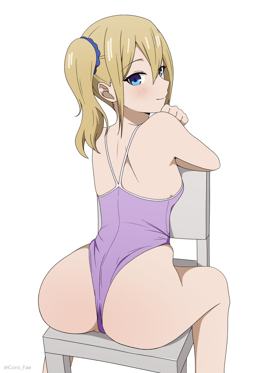 1girl absurdres ass bare_shoulders blonde_hair blue_eyes blue_scrunchie blush closed_mouth commentary coro_fae double-parted_bangs english_commentary feet_out_of_frame from_behind hair_between_eyes hair_ornament hair_scrunchie hayasaka_ai highleg highleg_swimsuit highres kaguya-sama_wa_kokurasetai_~tensai-tachi_no_renai_zunousen~ looking_at_viewer looking_back medium_hair on_chair one-piece_swimsuit paid_reward_available purple_one-piece_swimsuit scrunchie side_ponytail simple_background sitting smile solo swimsuit tsurime twitter_username white_background