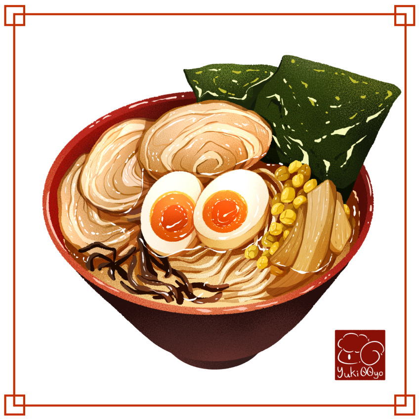 artist_logo bowl egg_(food) food food_focus highres meat no_humans noodles nori_(seaweed) original ramen softboiled_egg white_background yuki00yo