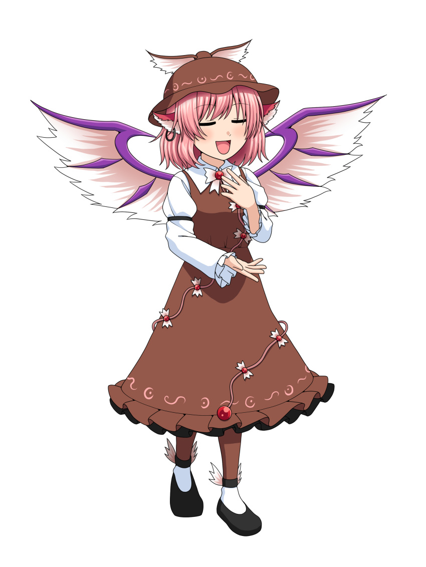 1girl absurdres animal_ears bird_ears bird_wings black_footwear blush brown_dress brown_hat brown_socks closed_eyes collared_shirt dress earrings frilled_sleeves frills full_body hat highres jewelry long_sleeves mystia_lorelei open_mouth pink_hair shirt shoes short_hair simple_background single_earring sleeve_garter smile socks solo tatsu_toyoyo touhou white_background white_shirt white_wings winged_footwear winged_hat wings