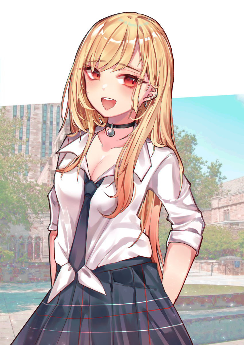 1girl arms_behind_back black_choker blonde_hair blue_necktie blue_skirt breasts choker cleavage collarbone collared_shirt commentary dress_shirt ear_piercing earrings eyes_visible_through_hair gradient_hair gyaru highres jewelry kitagawa_marin long_hair looking_at_viewer medium_breasts mucheng multicolored_hair necktie open_mouth outdoors piercing plaid plaid_skirt pleated_skirt red_eyes red_hair school_uniform shirt shirt_tucked_in skirt solo sono_bisque_doll_wa_koi_wo_suru stud_earrings swept_bangs teeth tied_shirt upper_body upper_teeth_only white_shirt