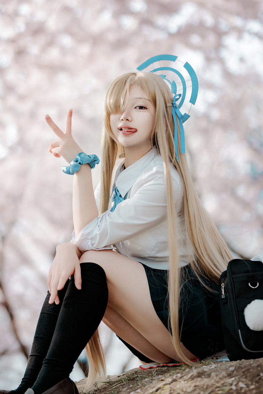 1girl absurdres asian asuna_(blue_archive) backpack bag black_eyes black_skirt black_socks blonde_hair blue_archive blue_bow blue_scrunchie blurry blurry_background bow breasts brown_footwear collared_shirt cosplay_photo halo highres jun_(youdontownm2) kneehighs korean_commentary long_hair medium_breasts photo_(medium) scrunchie shirt shoes sitting skirt smile socks solo unworn_backpack unworn_bag v very_long_hair white_shirt wrist_scrunchie