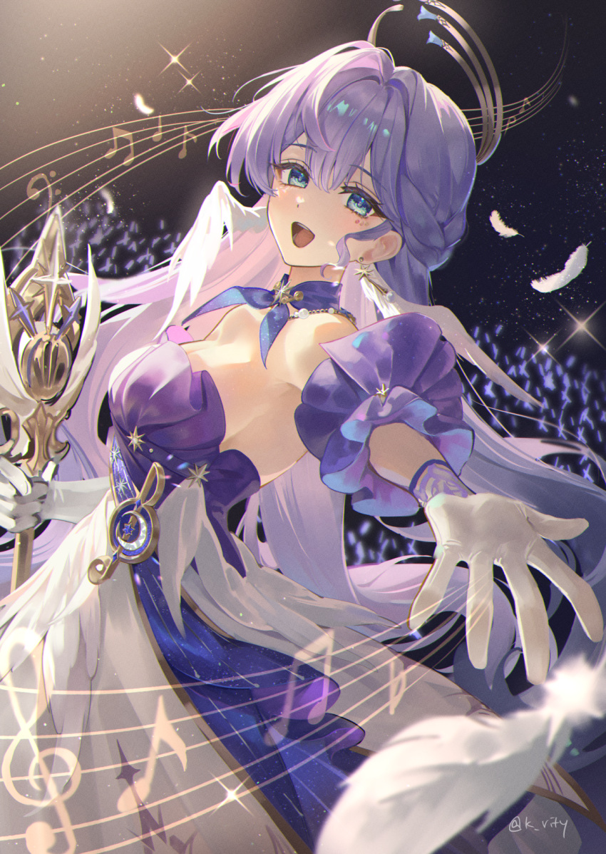 1girl aqua_eyes armpit_crease artist_name audience bare_shoulders breasts cleavage commentary_request cowboy_shot dress falling_feathers feathers gloves hair_between_eyes hair_intakes halo highres holding holding_microphone_stand honkai:_star_rail honkai_(series) jewel_under_eye large_breasts looking_at_viewer microphone_stand musical_note open_mouth outstretched_arm reaching reaching_towards_viewer rity robin_(honkai:_star_rail) smile solo twitter_username white_dress white_feathers white_gloves