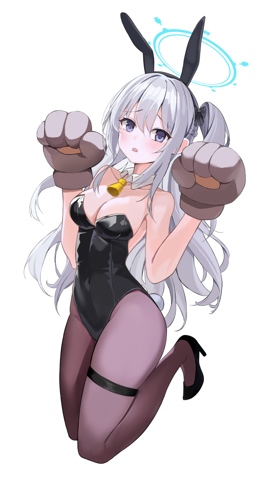 1girl absurdres animal_ears animal_hands black_footwear black_leotard black_pantyhose blue_archive blue_halo blush braid breasts cleavage detached_collar fake_animal_ears full_body gloves grey_hair halo high_heels highres large_breasts leepy leotard long_hair looking_at_viewer miyako_(blue_archive) one_side_up open_mouth pantyhose paw_gloves purple_eyes rabbit_ears simple_background solo strapless strapless_leotard thigh_strap white_background