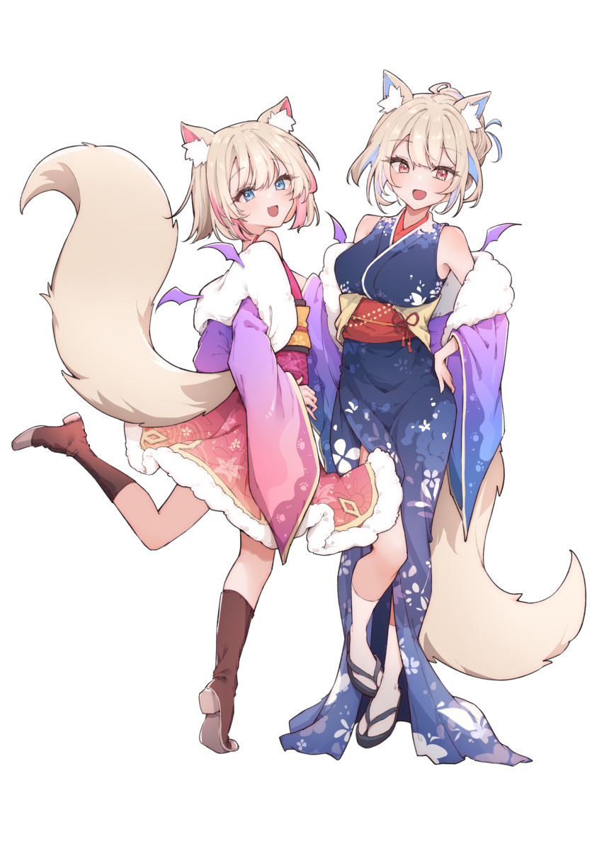 2girls :d absurdres airenif alternate_costume animal_ear_fluff animal_ears blonde_hair blue_eyes blue_hair boots dog_ears dog_girl dog_tail english_commentary flat_chest floral_print floral_print_kimono full_body fur-trimmed_kimono fur_trim fuwawa_abyssgard hair_bun hand_on_own_hip highres hololive hololive_english japanese_clothes kimono long_sleeves looking_at_viewer mococo_abyssgard multicolored_hair multiple_girls obi off_shoulder open_mouth pink_eyes pink_hair sandals sash short_hair short_kimono siblings simple_background sisters smile socks standing standing_on_one_leg streaked_hair tabi tail tiptoes twins virtual_youtuber white_background white_socks wide_sleeves zouri