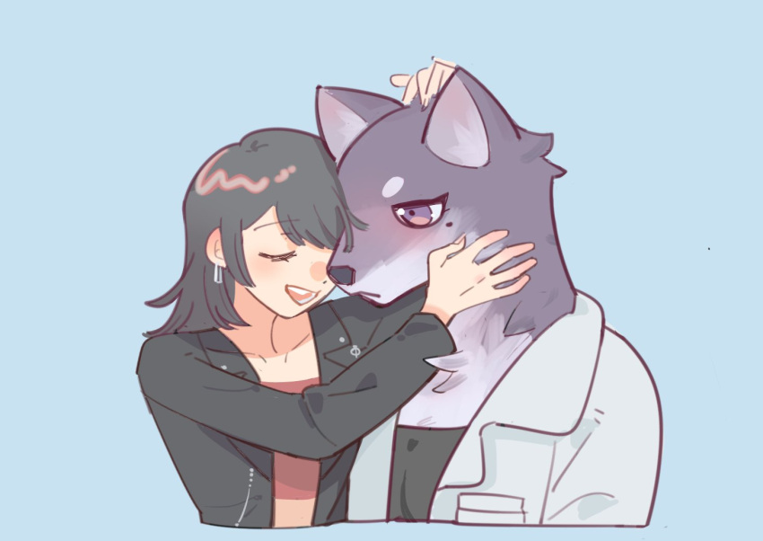 2girls bang_dream! bang_dream!_it's_mygo!!!!! black_hair black_jacket black_shirt blue_background blush closed_eyes collared_shirt commentary cropped_torso dog earrings furrification furry furry_female furry_with_furry hand_on_another's_head hashtag-only_commentary heads_together jacket jewelry long_hair multiple_girls open_clothes open_jacket open_mouth open_shirt purple_eyes red_shirt shiina_taki shirt simple_background smile takechi63 upper_body white_shirt yahata_umiri yuri