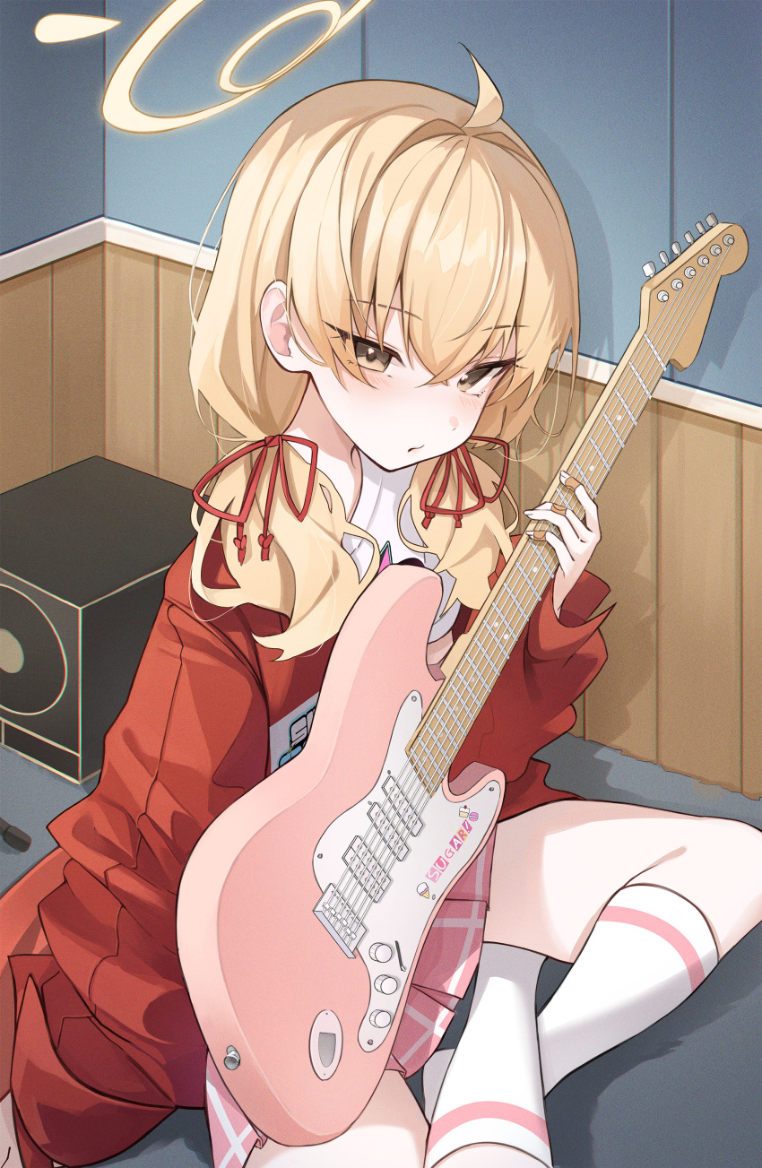 1girl absurdres blonde_hair blue_archive blush e_name electric_guitar fingernails guitar hair_between_eyes halo highres holding holding_instrument indoors instrument jacket long_hair long_sleeves looking_at_viewer low_twintails official_alternate_costume open_clothes open_jacket parted_lips pink_skirt pleated_skirt red_jacket sitting skirt socks solo twintails white_socks yellow_eyes yellow_halo yoshimi_(band)_(blue_archive) yoshimi_(blue_archive)