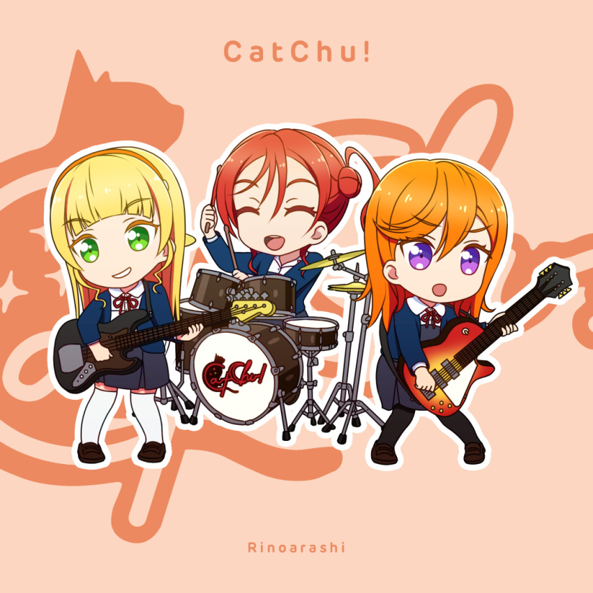 3girls artist_name black_pantyhose blonde_hair blue_jacket blunt_bangs brown_footwear catchu!_(love_live!) chibi closed_eyes collared_shirt commentary_request drum drum_set drumsticks green_eyes group_name guitar hair_between_eyes hair_bun hairband heanna_sumire holding holding_drumsticks instrument jacket long_hair long_sleeves love_live! love_live!_superstar!! medium_hair multiple_girls music neck_ribbon open_mouth orange_background orange_hair orange_hairband outline pantyhose playing_instrument purple_eyes red_hair red_ribbon ribbon rinoarashi school_uniform shibuya_kanon shirt single_side_bun standing thighhighs white_outline white_shirt white_thighhighs winter_uniform yoneme_mei yuigaoka_school_uniform