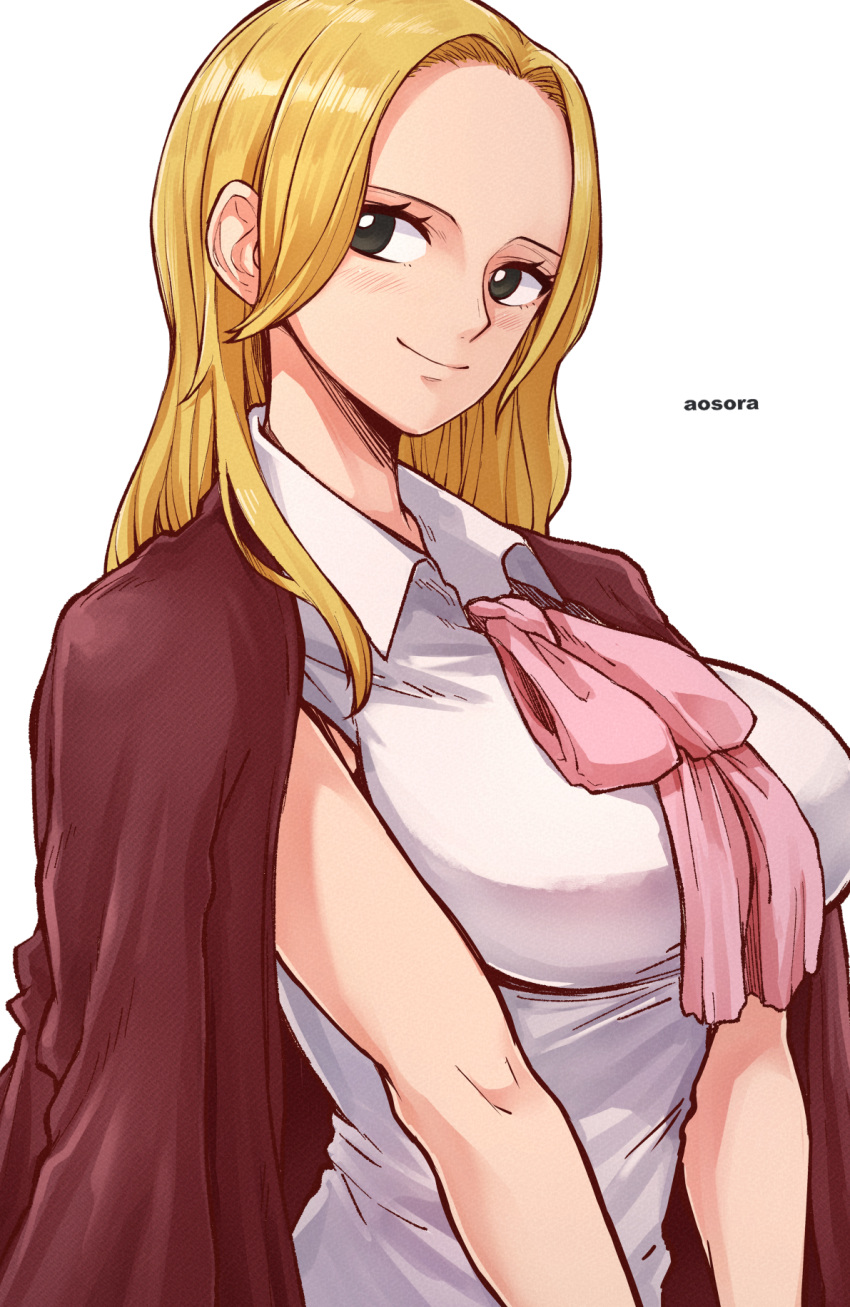 1girl aosora2823 artist_name ascot black_eyes blonde_hair blush breasts closed_mouth commentary dress forehead highres jacket jacket_on_shoulders kaya_(one_piece) large_breasts long_hair looking_at_viewer one_piece pink_ascot red_jacket shirt simple_background sleeveless sleeveless_dress smile solo white_background white_shirt