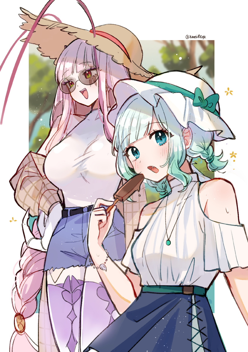 2girls antenna_hair arthropod_girl bare_shoulders blue_eyes blunt_bangs blush bracelet breasts clothing_cutout cockroach_girl dress fang food gradient_hair green_hair hakamii hat highres holding holding_food holding_popsicle indie_virtual_youtuber jewelry large_breasts long_hair looking_at_viewer matara_kan mint_fantome monster_girl multicolored_hair multiple_girls open_mouth pink_hair popsicle red_eyes shoulder_cutout smile very_long_hair virtual_youtuber vshojo white_hair