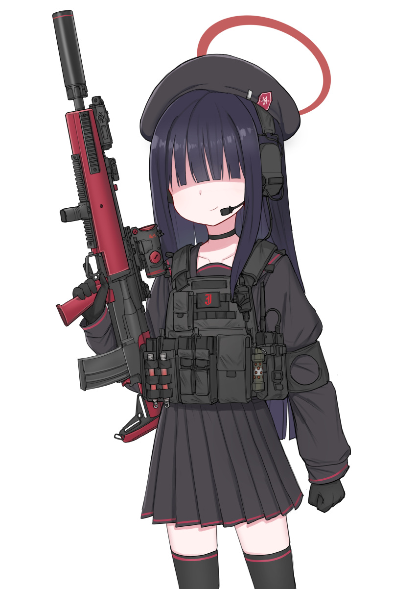 1girl absurdres beret black_choker black_gloves black_hair black_serafuku black_skirt blue_archive choker closed_mouth collarbone cowboy_shot em-2 english_commentary faceless faceless_female gloves gun hair_over_eyes halo hat headset highres holding holding_gun holding_weapon justice_task_force_member_(blue_archive) light_smile load_bearing_vest long_bangs long_hair long_sleeves microphone red_halo school_uniform serafuku simple_background skirt solo srtdrawart weapon white_background