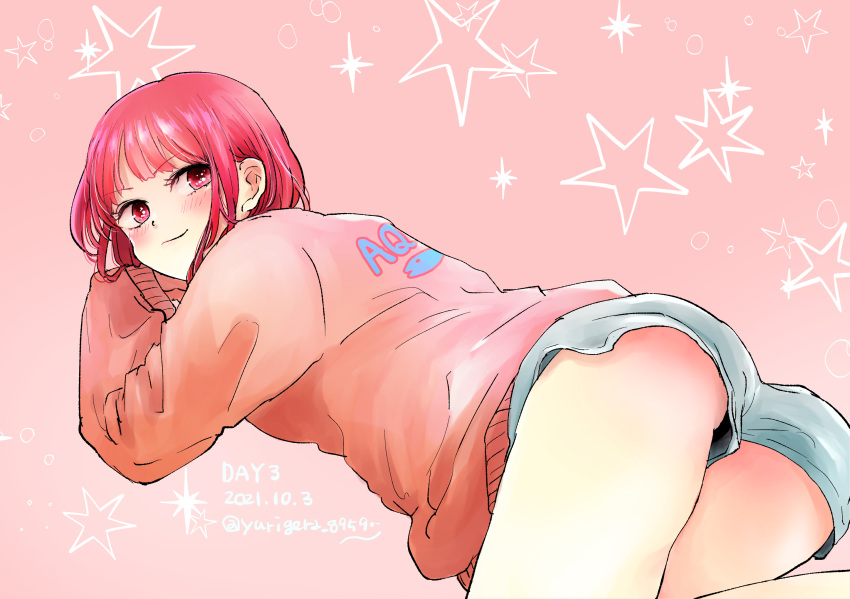 1girl arima_kana ass blush bob_cut closed_mouth highres oshi_no_ko pink_background red_eyes red_hair red_shirt shirt short_hair shorts smile solo star_(symbol) sweater thighs yurigera_8959