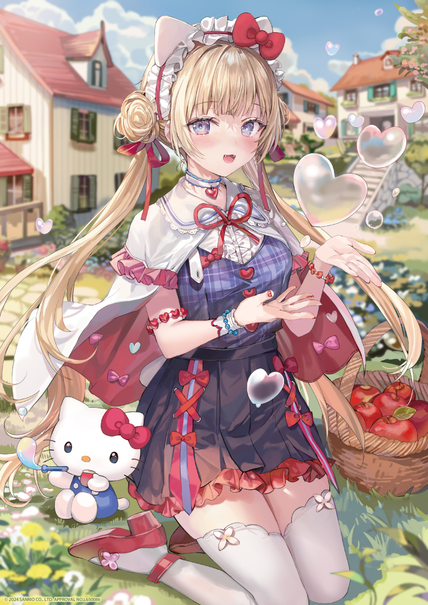 1girl 2024 air_bubble animal_ears apple black_skirt blonde_hair blunt_bangs bow bubble capelet cat_ears double_bun fake_animal_ears fangs floating_hair food frilled_skirt frills fruit hair_bun hair_ribbon hairband hello_kitty hello_kitty_(character) highres kneeling long_hair looking_at_viewer mary_janes momoko_(momopoco) open_mouth outdoors pink_bow purple_eyes red_bow red_footwear red_nails red_ribbon ribbon sanrio shoes skirt smile solo thighhighs twintails white_capelet white_hairband white_thighhighs zettai_ryouiki