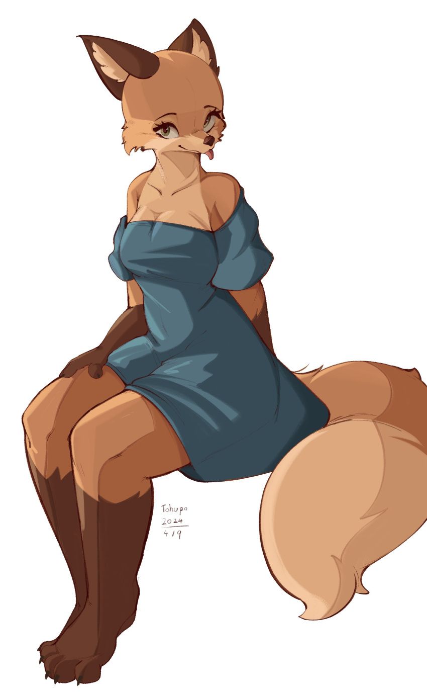 2024 absurd_res anthro barefoot blep breasts brown_body brown_fur canid canine cheek_tuft dated digital_media_(artwork) facial_tuft feet female fox fur gloves_(marking) hi_res inner_ear_fluff leg_markings mammal markings signature simple_background sitting socks_(marking) solo tohupo tongue tongue_out tuft white_background