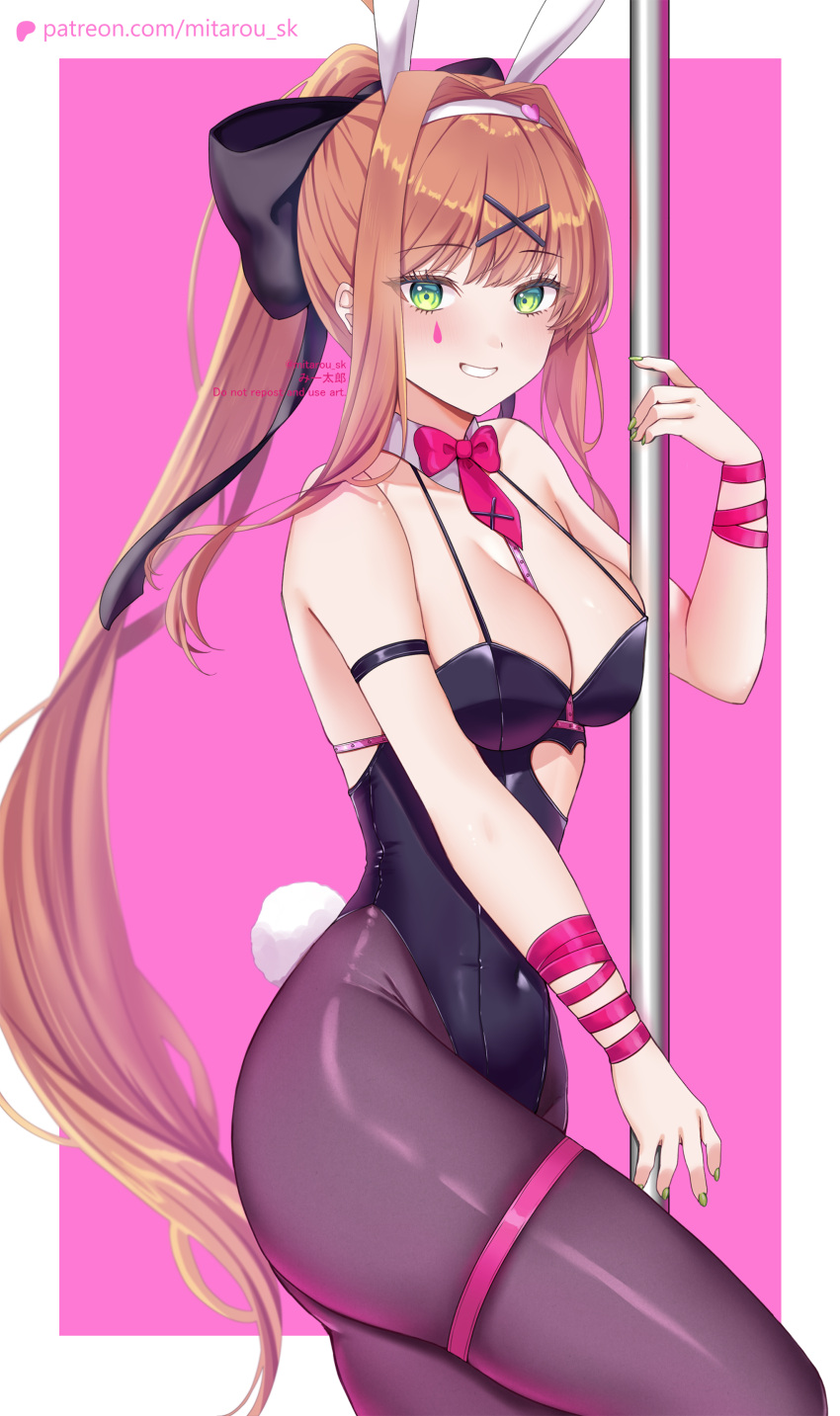 1girl absurdres animal_ears artist_name bare_shoulders black_bow black_leotard black_pantyhose border bow bowtie breasts brown_hair cleavage clothing_cutout commentary_request cowboy_shot detached_collar doki_doki_literature_club fake_animal_ears fake_tail green_eyes grin groin hair_bow hair_intakes hair_ornament hairband heart heart_cutout highleg highleg_leotard highres leotard light_blush looking_at_viewer medium_breasts mi_tarou0412 monika_(doki_doki_literature_club) necktie outside_border pantyhose patreon_logo patreon_username pink_background pink_bow pink_necktie playboy_bunny pole ponytail rabbit_ears rabbit_tail sidelocks simple_background skindentation smile solo stripper_pole tail teardrop_facial_mark tie_clip twitter_username web_address white_border white_hairband x_hair_ornament