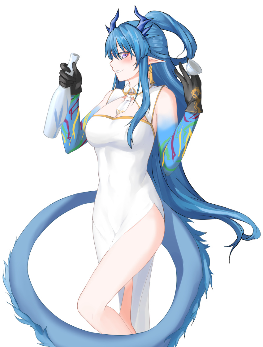 1girl arknights bare_shoulders between_fingers black_gloves blue_hair blue_tail blush bottle breasts china_dress chinese_clothes chinese_commentary choko_(cup) cleavage cleavage_cutout clothing_cutout collared_dress colored_extremities commentary_request cup dragon_girl dragon_horns dragon_tail dress earrings feet_out_of_frame gloves grin hands_up highres holding holding_bottle horns jewelry leg_up ling_(arknights) ling_(it_does_wash_the_strings)_(arknights) long_hair looking_at_viewer necktie neti_(cpu11151) official_alternate_costume pointy_ears profile purple_eyes short_necktie side_slit sideways_glance simple_background sleeveless sleeveless_dress smile solo standing tail tail_raised very_long_hair white_background white_dress white_necktie