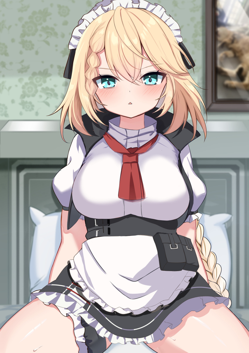 1girl :&lt; absurdres apron black_skirt blonde_hair blue_eyes blush braid braided_bangs breasts commentary_request frilled_apron frilled_skirt frills g36_(girls'_frontline) girls'_frontline hair_between_eyes highres indoors long_hair looking_at_viewer maid maid_headdress medium_breasts painting_(object) parted_lips pillow puffy_short_sleeves puffy_sleeves rinringyo shirt short_sleeves single_braid sitting skirt solo triangle_mouth v-shaped_eyebrows very_long_hair white_apron white_shirt