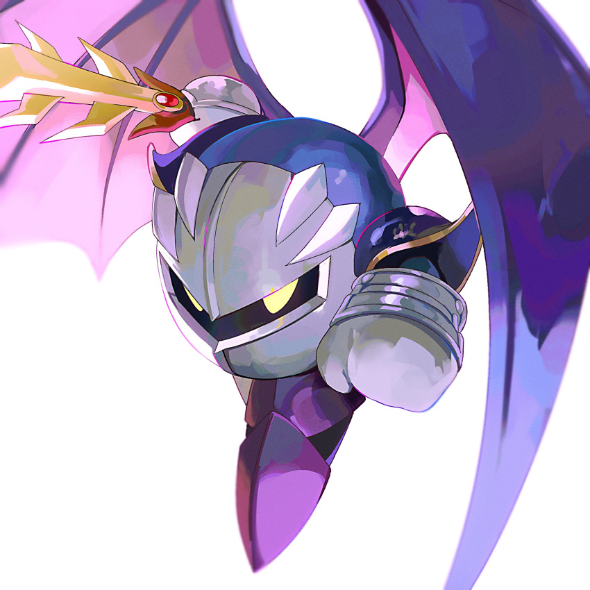 1boy armor galaxia_(sword) gloves highres holding holding_sword holding_weapon kirby_(series) looking_at_viewer male_focus mask meta_knight no_humans pauldrons shoulder_armor solo sword weapon white_background white_gloves wings yasaikakiage yellow_eyes