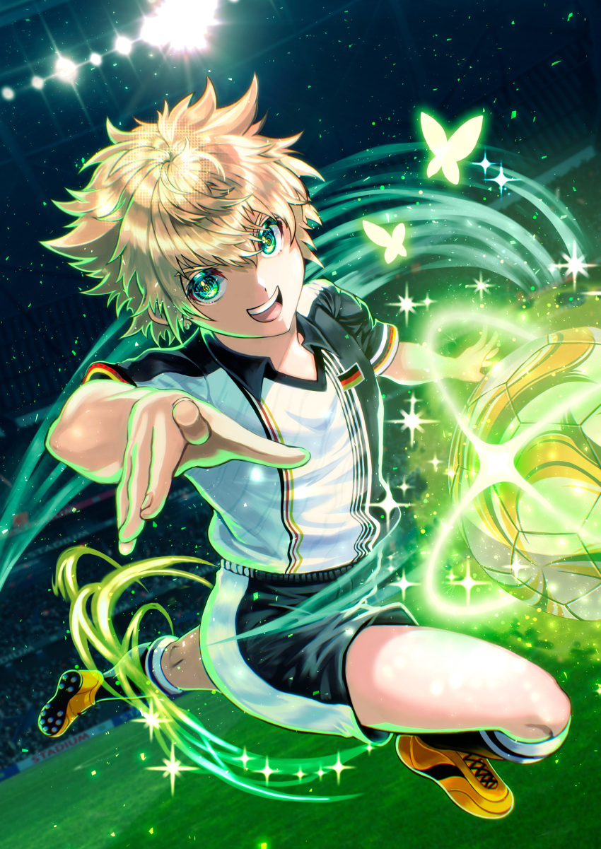 1boy absurdres aura ayakari399 ball black_shirt black_shorts blonde_hair bug butterfly captain_tsubasa cornelius_heine full_body german_flag_print glowing_butterfly grass green_eyes highres male_focus shirt short_hair shorts soccer soccer_ball soccer_uniform solo sportswear two-tone_shirt two-tone_shorts white_shirt white_shorts