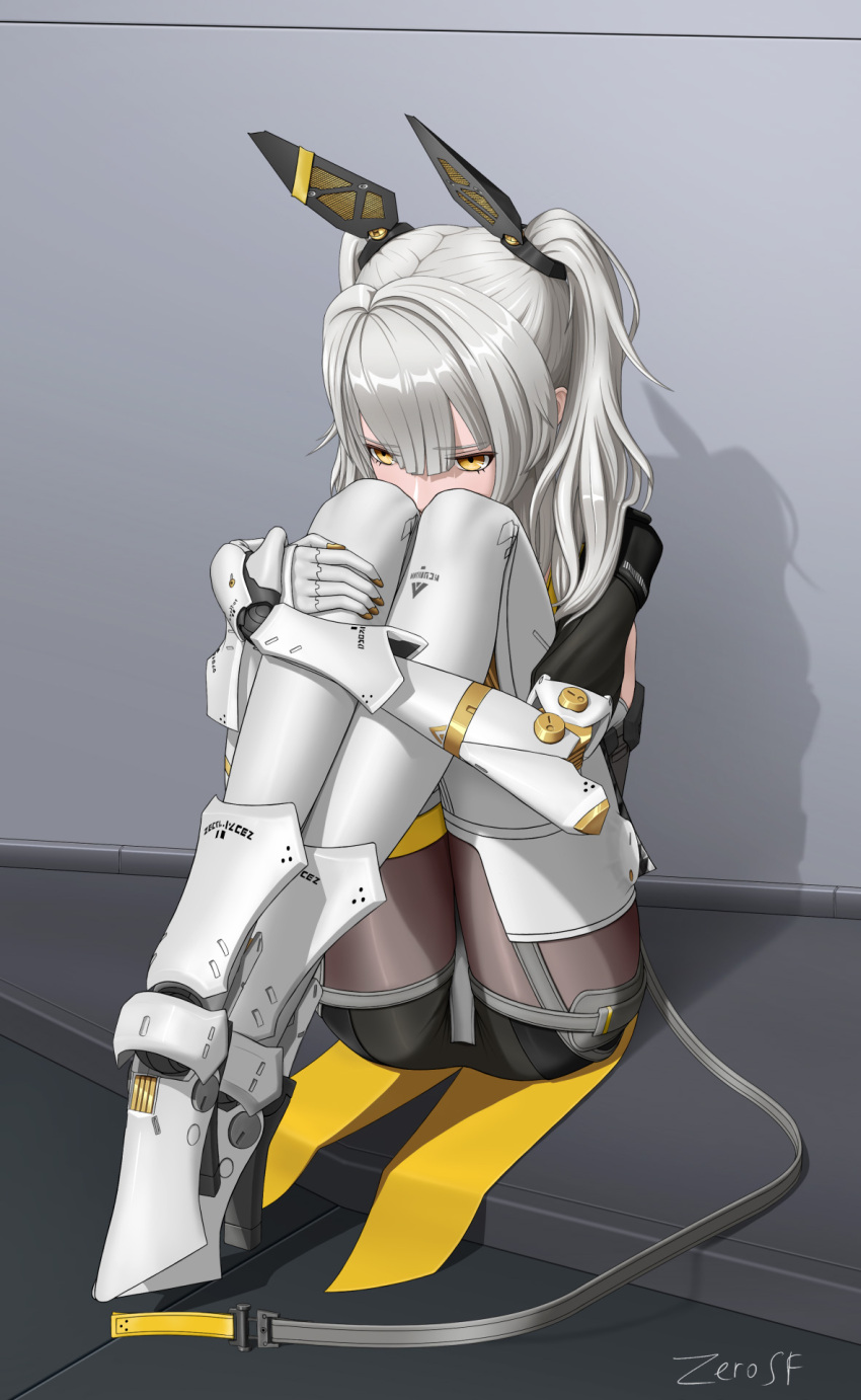 1girl animal_ears black_bodysuit bodysuit dntl96_(zero_sf) fake_animal_ears fetal_position grey_hair hair_between_eyes hair_intakes headgear high_heels highres joints karenina:_scire_(punishing:_gray_raven) karenina_(punishing:_gray_raven) long_hair mechanical_arms mechanical_legs orange_eyes punishing:_gray_raven rabbit_ears robot_joints sidelocks signature solo twintails