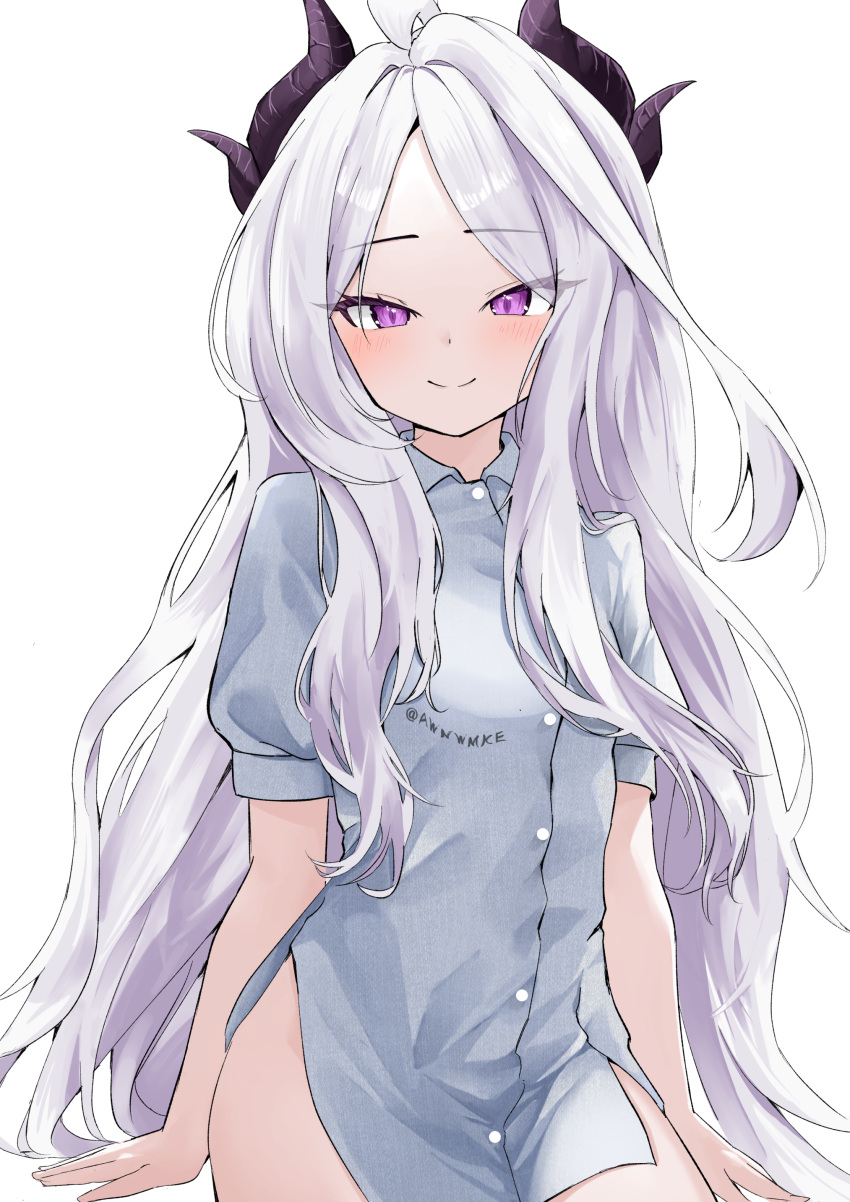 1girl absurdres ahoge awnw black_horns blue_archive blush breasts buttons closed_mouth collared_shirt cowboy_shot demon_horns grey_shirt halo highres hina_(blue_archive) horns long_hair looking_at_viewer multiple_horns purple_eyes shirt short_sleeves simple_background small_breasts smile solo white_background white_hair