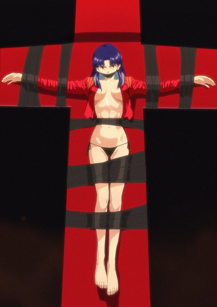 1girl argent_moon barefoot bdsm black_panties blue_hair bondage bound full_body gag gagged glaring highres jacket katsuragi_misato medium_hair neon_genesis_evangelion nude open_clothes open_jacket panties red_jacket restrained solo tape tape_bondage underwear