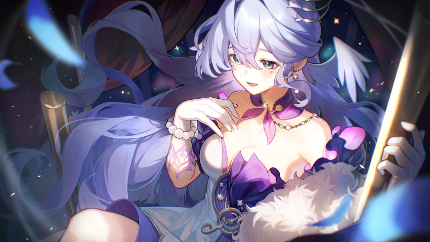 1girl absurdres aqua_eyes bare_shoulders bead_bracelet beads bracelet breasts cleavage dress earrings gloves hair_between_eyes head_wings highres honkai:_star_rail honkai_(series) jewelry kino_(m6t2a) long_hair open_mouth purple_dress purple_hair robin_(honkai:_star_rail) smile solo two-tone_dress white_dress white_gloves white_wings wings