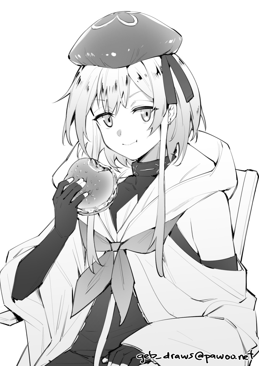 1boy absurdres arknights arm_rest burger chair closed_mouth clothing_cutout commentary english_commentary food ge-b hat highres holding holding_burger holding_food hood hoodie long_hair looking_at_viewer male_focus mizuki_(arknights) monochrome shoulder_cutout sidelocks signature smile solo upper_body