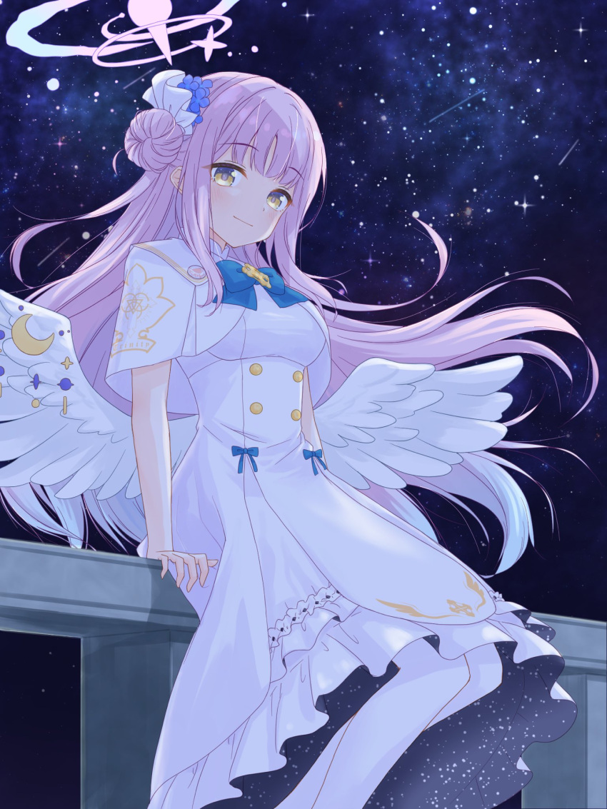 1girl angel_wings blue_archive blue_ribbon dress floating_hair flower hair_bun hair_flower hair_ornament hair_scrunchie halo highres mika_(blue_archive) pink_hair ribbon scrunchie shimada_(simada_bu) single_side_bun sitting starry_background trinity_general_school_logo white_dress wings yellow_eyes