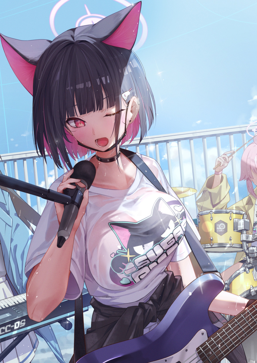 3girls airi_(band)_(blue_archive) airi_(blue_archive) animal_ears black_choker black_hair black_mask blue_archive blue_jacket blush breasts cat_ears choker colored_inner_hair day drum drumsticks electric_guitar extra_ears guitar halo haowei_wu highres holding holding_drumsticks holding_microphone instrument jacket kazusa_(band)_(blue_archive) kazusa_(blue_archive) keyboard_(instrument) large_breasts mask mask_pull microphone mouth_mask multicolored_hair multiple_girls natsu_(band)_(blue_archive) natsu_(blue_archive) official_alternate_costume one_eye_closed open_mouth outdoors pink_hair pink_halo pleated_skirt red_eyes shirt short_hair short_sleeves skirt sweat wet wet_clothes wet_shirt white_shirt white_skirt