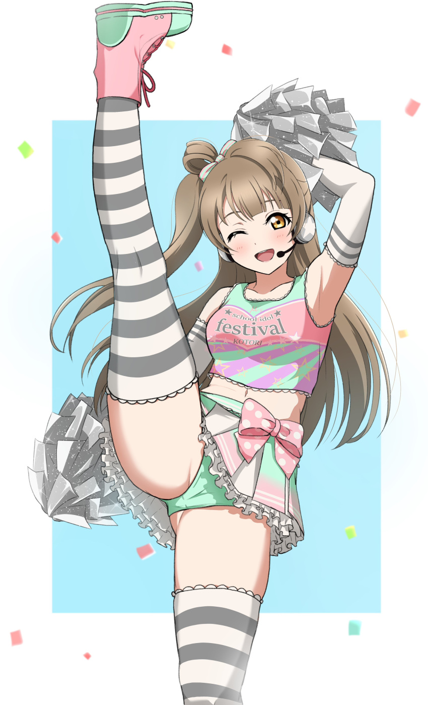 1girl absurdres armpits bow cheerleader commentary_request commission crop_top elbow_gloves gloves green_panties headset highres light_brown_hair long_hair looking_at_viewer love_live! love_live!_school_idol_project midriff minami_kotori navel one_eye_closed open_mouth panties pixiv_commission polka_dot polka_dot_bow skirt smile split standing standing_on_one_leg standing_split striped_clothes striped_thighhighs takaramonozu thighhighs underwear yellow_eyes zanpon