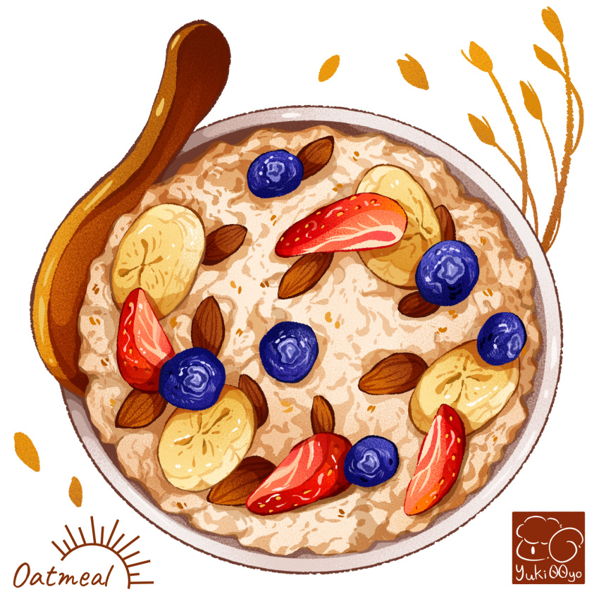 almond artist_logo banana banana_slice berry blueberry bowl food food_focus food_name fruit highres no_humans nut_(food) oatmeal original spoon strawberry white_background wooden_spoon yuki00yo