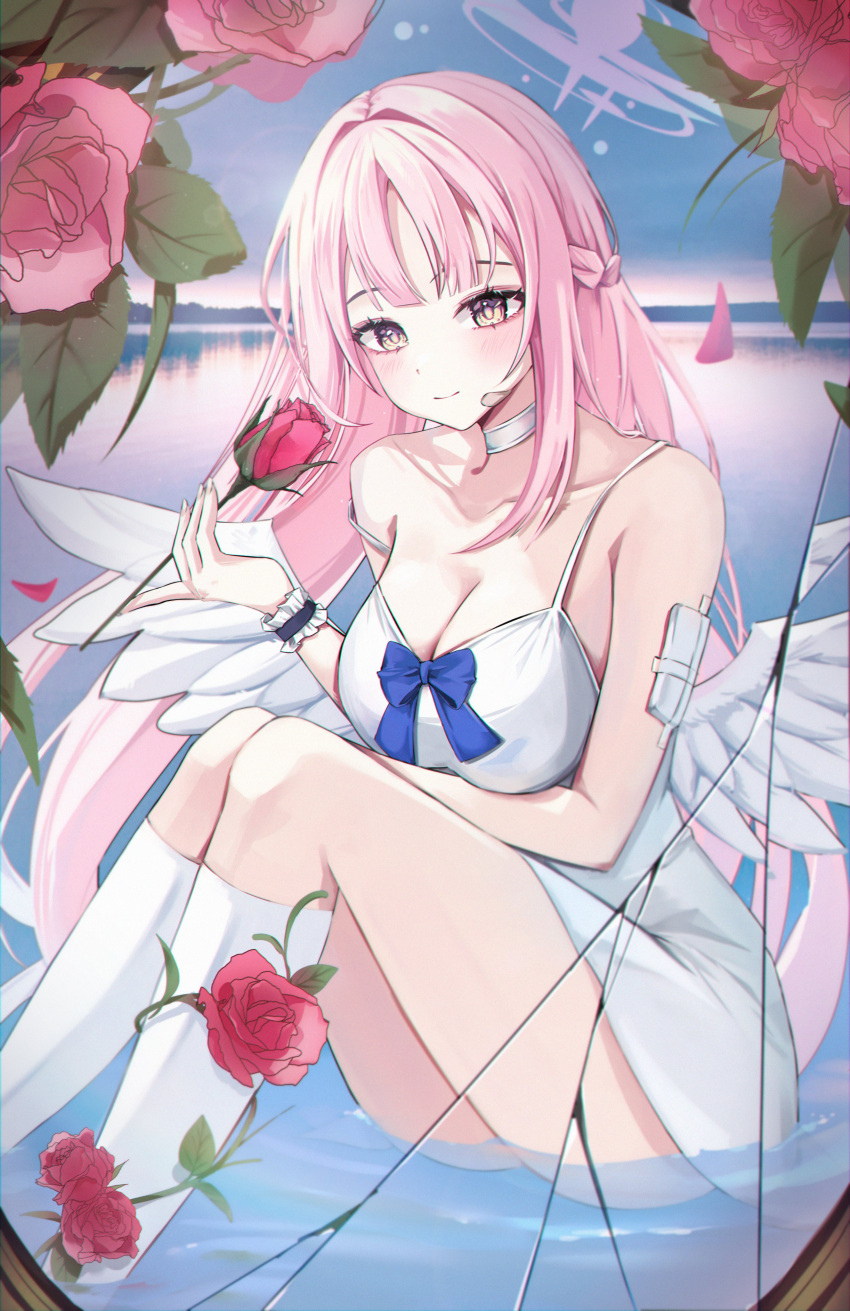 1girl absurdres angel_wings blue_archive blush breasts broken_mirror choker cleavage closed_mouth dress feathered_wings flower halo highres kneehighs large_breasts long_hair mika_(blue_archive) mirror pink_hair pink_halo red_flower red_rose rose sitting smile socks solo white_choker white_dress white_socks white_wings wings yellow_eyes yum_draw
