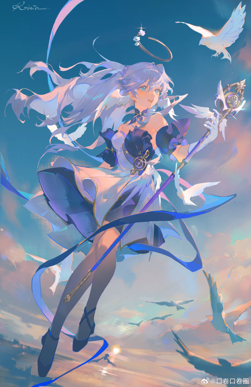 1girl absurdres bare_shoulders bird blush character_name detached_sleeves dress floating_hair full_body gloves hair_between_eyes halo hand_up head_wings high_heels highres holding holding_staff honkai:_star_rail honkai_(series) koujuan long_hair looking_to_the_side open_mouth purple_dress purple_hair purple_sleeves robin_(honkai:_star_rail) short_sleeves smile solo staff teeth two-tone_dress upper_teeth_only white_dress white_gloves white_wings wings