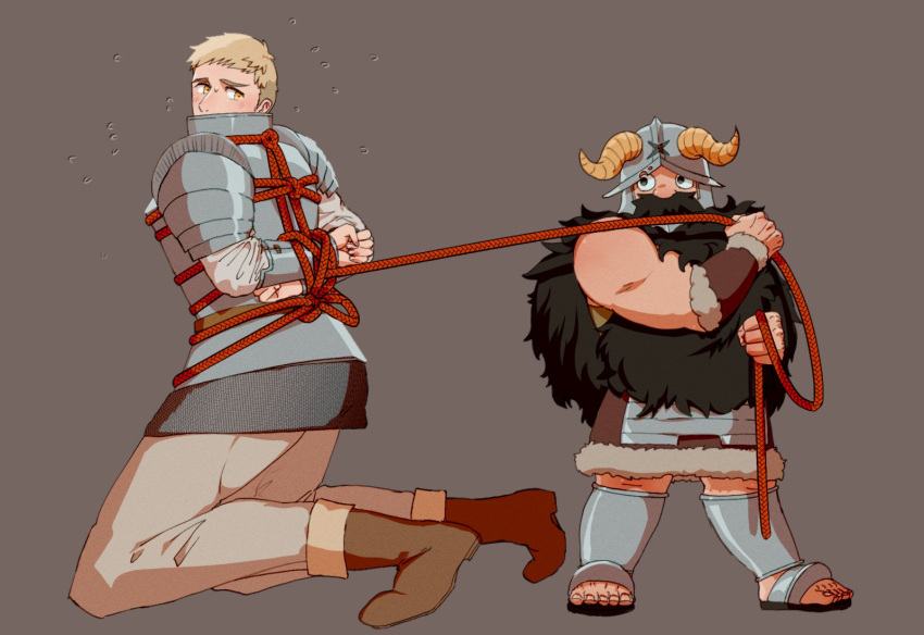 2boys bara bdsm beard blush bondage bound dungeon_meshi dwarf facial_hair fake_horns flying_sweatdrops full_body helmet highres holding holding_rope horned_helmet horns kneeling laios_touden long_beard looking_back male_focus multiple_boys pet_play red_rope rope sanpaku senshi_(dungeon_meshi) shibari shimoon11mon thick_mustache very_long_beard yaoi