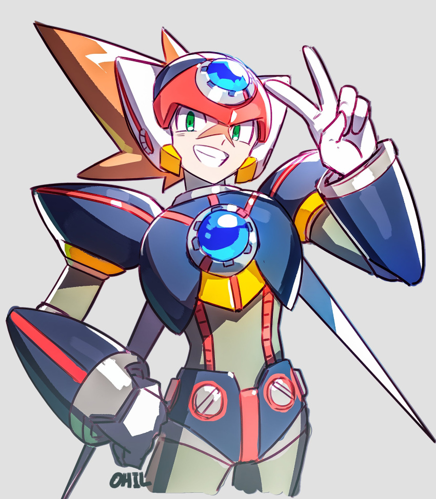 1boy absurdres armor artist_name axl_(mega_man) black_armor brown_hair chest_jewel cowboy_shot cross_scar forehead_jewel green_eyes hand_on_own_hip helmet highres long_hair male_focus mega_man_(series) mega_man_x_(series) ohil_(ohil822) red_helmet scar scar_on_face shoulder_armor simple_background sketch smile solo spiked_hair v