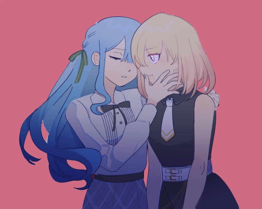 2girls bang_dream! bang_dream!_it's_mygo!!!!! belt black_dress black_ribbon blonde_hair blue_hair closed_eyes closed_mouth collared_dress collared_shirt dress gradient_hair green_ribbon grey_skirt hair_ribbon hand_on_another's_face hand_on_another's_shoulder long_hair looking_at_another medium_hair misumi_uika multicolored_hair multiple_girls necktie orange_hair parted_lips pink_background purple_eyes ribbon shirt simple_background skirt sleeveless sleeveless_dress smile takechi63 togawa_sakiko upper_body white_necktie white_shirt yuri