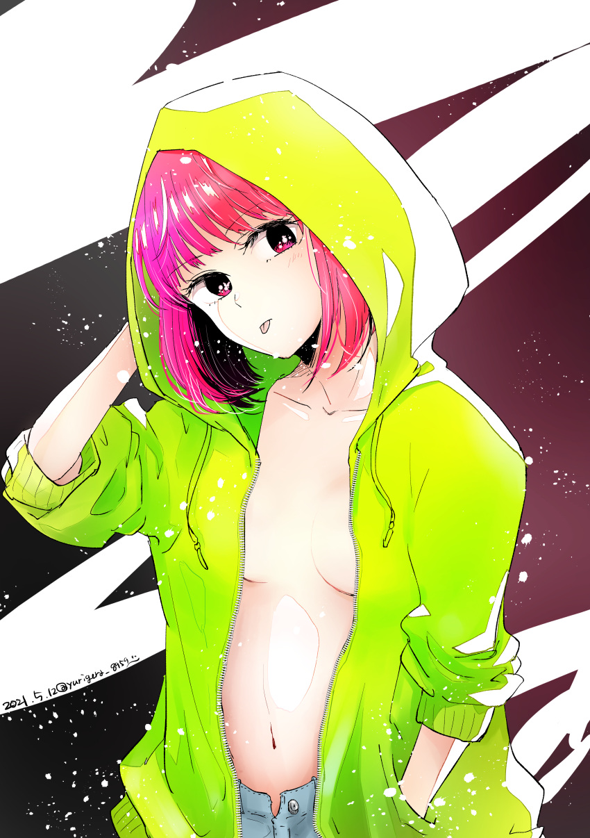 1girl absurdres arima_kana belly blush breasts collarbone commentary_request dated denim green_sweater hand_in_pocket head_tilt highres hood hood_up hooded_jacket jacket jeans looking_at_viewer medium_breasts medium_hair navel open_clothes open_fly open_jacket oshi_no_ko pants red_eyes red_hair signature sleeves_past_elbows sweater tongue tongue_out twitter_username yurigera_8959