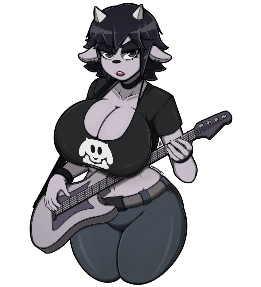 alternative_fashion anthro big_breasts black_eyes black_hair bottomwear bovid breasts caprine clothing female goat goth guitar hair hi_res horn mammal musical_instrument pants parappa_the_rapper plucked_string_instrument rammy_lamb shirt solo sony_corporation sony_interactive_entertainment string_instrument topwear um_jammer_lammy zak_hitsuji