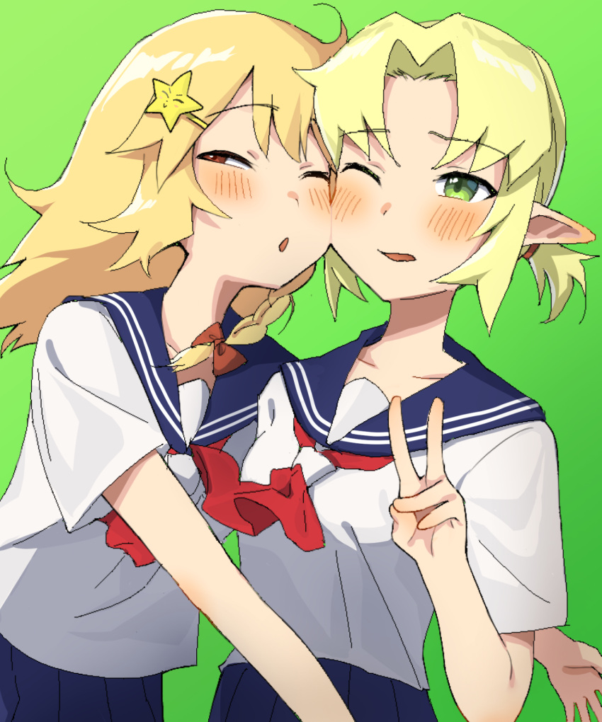 2girls blonde_hair blue_sailor_collar blue_skirt blush bow braid breasts collarbone commentary_request cookie_(touhou) green_background green_eyes hair_bow hair_ornament hairclip highres joker_(cookie) kirisame_marisa long_hair looking_at_viewer medium_bangs mizuhashi_parsee multiple_girls neckerchief one_eye_closed open_mouth parted_bangs pleated_skirt pointy_ears pura_(aiueo256375) red_eyes red_neckerchief sailor_collar school_uniform serafuku shirt short_hair short_sleeves side_braid simple_background single_braid skirt small_breasts star_(symbol) star_hair_ornament suzu_(cookie) touhou unusually_open_eyes upper_body v white_shirt