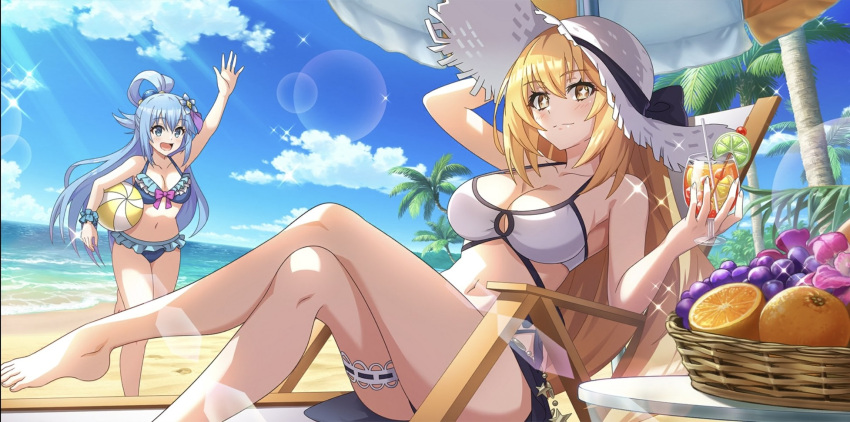 2girls :d aqua_(konosuba) ball beach beach_chair beachball bikini blonde_hair blue_bikini blue_eyes blue_hair blue_scrunchie blue_sky breasts cleavage cocktail_glass crossed_legs crossover cup day drinking_glass food frilled_bikini frills fruit fruit_basket game_cg grapes hair_between_eyes hair_ornament hand_on_headwear hat highres holding holding_ball holding_beachball holding_cup kono_subarashii_sekai_ni_shukufuku_wo! konosuba_fantastic_days large_breasts lemon long_hair looking_at_viewer multiple_girls navel non-web_source ocean official_art on_chair outdoors palm_tree running scrunchie shokuhou_misaki single_hair_ring sitting sky smile sparkle straw_hat sun_hat sunlight swimsuit thigh_strap toaru_kagaku_no_railgun toaru_majutsu_no_index tree waving white_bikini wrist_scrunchie