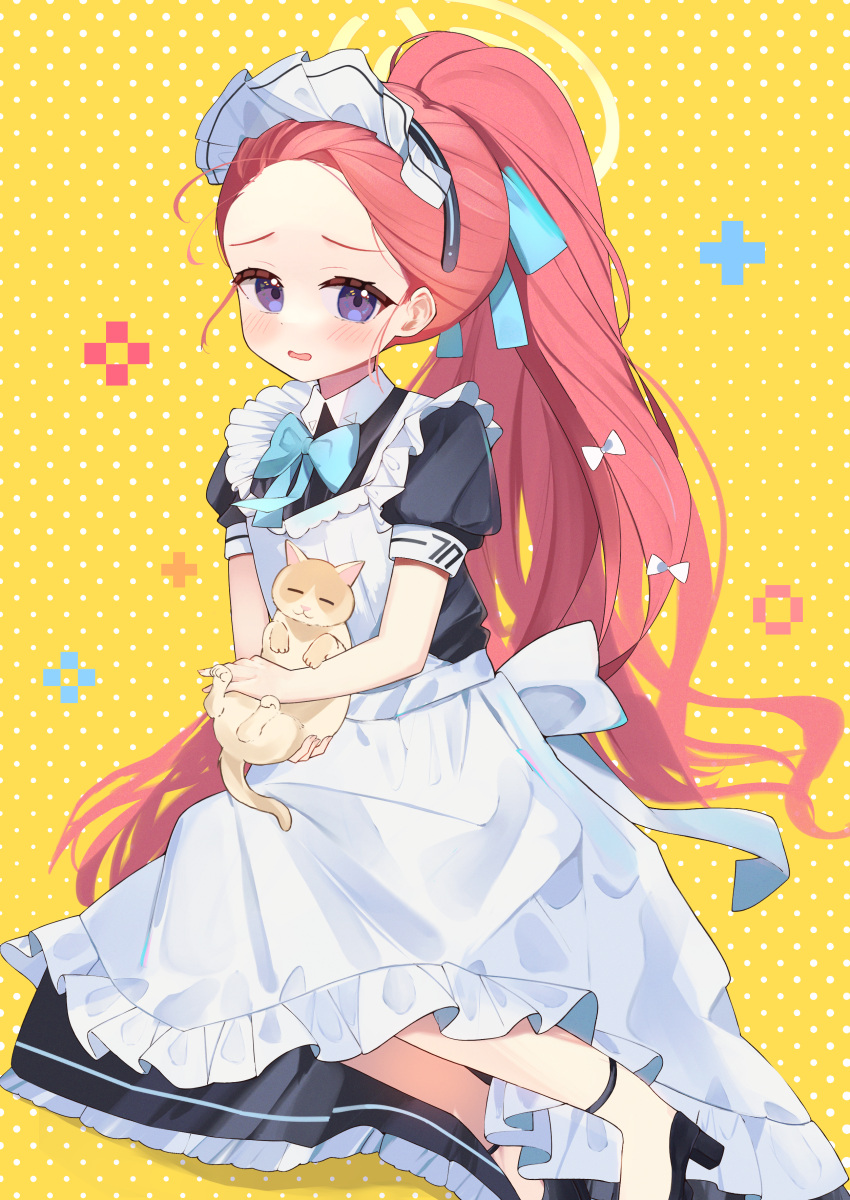 1girl absurdres animal apron black_dress black_footwear blue_archive blue_bow blush bow cat collared_dress dress forehead frilled_apron frills hair_bow halo high_heels highres long_hair looking_at_viewer maid maid_apron maid_headdress official_alternate_costume parted_lips polka_dot polka_dot_background ponytail puffy_short_sleeves puffy_sleeves purple_eyes red_hair shishiodoshi shoes short_sleeves simple_background solo very_long_hair wavy_mouth white_apron white_bow yellow_background yuzu_(blue_archive) yuzu_(maid)_(blue_archive)