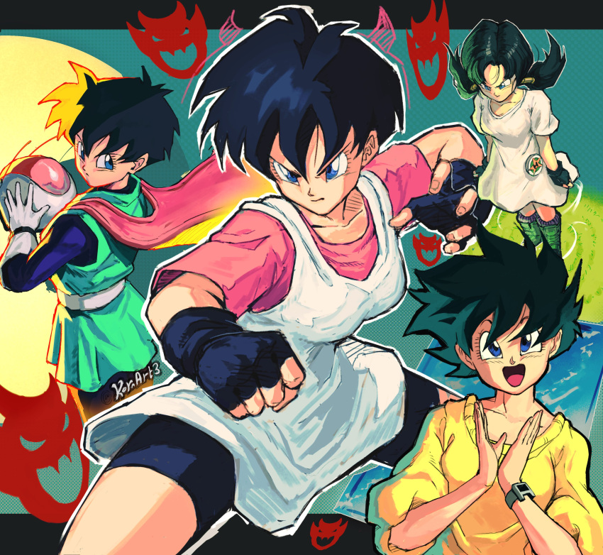 1girl absurdres bike_shorts black_hair blue_eyes boots breasts dragon_ball dragon_ball_z fingerless_gloves gloves helmet highres kornart shirt short_hair short_twintails smile twintails videl watch white_shirt wristwatch