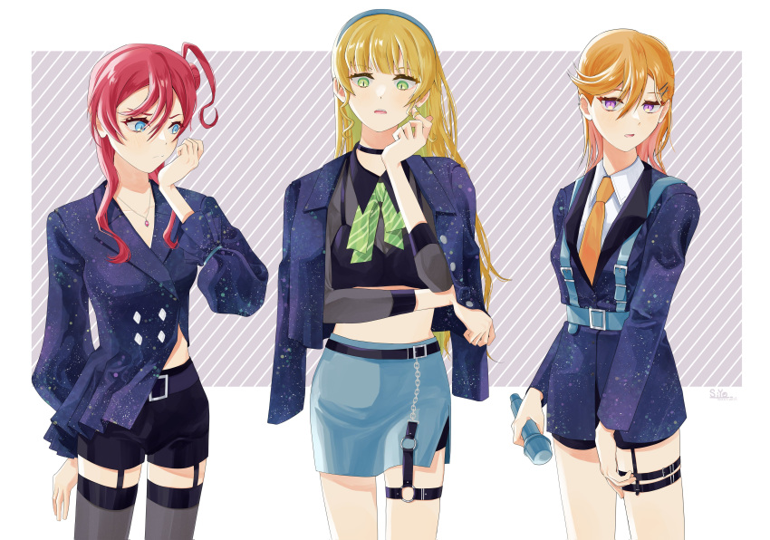 3girls absurdres arm_under_breasts black_shirt black_shorts blonde_hair blue_eyes blue_hairband blue_skirt border bow bowtie catchu!_(love_live!) chest_harness collared_shirt commentary_request crop_top garter_belt green_bow green_bowtie green_eyes grey_thighhighs hair_between_eyes hair_bun hairband hand_up harness heanna_sumire highres holding holding_microphone jacket jacket_on_shoulders jewelry long_hair long_sleeves looking_at_viewer love_live! love_live!_superstar!! medium_hair microphone midriff multiple_girls navel necklace necktie orange_necktie outside_border parted_lips puffy_long_sleeves puffy_sleeves purple_jacket red_hair shibuya_kanon shirt shorts single_side_bun siyo_l skirt standing thigh_strap thighhighs upper_body white_border white_shirt yoneme_mei