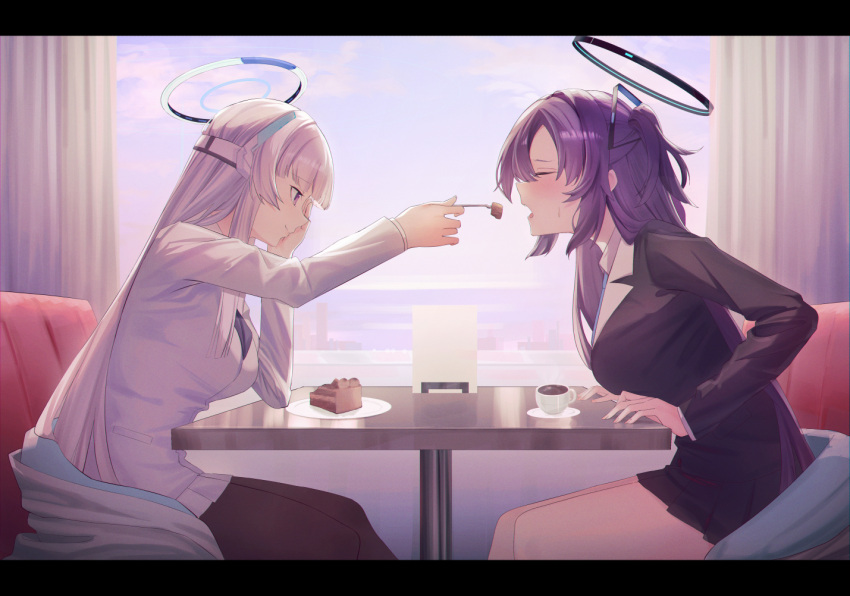 2girls black_skirt blue_archive blue_necktie cake cake_slice closed_eyes closed_mouth coffee collared_shirt cup food fork grey_hair halo hanamaru_tsubaki holding holding_fork letterboxed long_hair long_sleeves mechanical_halo multiple_girls necktie noa_(blue_archive) open_mouth pleated_skirt purple_eyes purple_hair shirt sitting skirt smile suit two_side_up white_shirt white_skirt yuuka_(blue_archive)