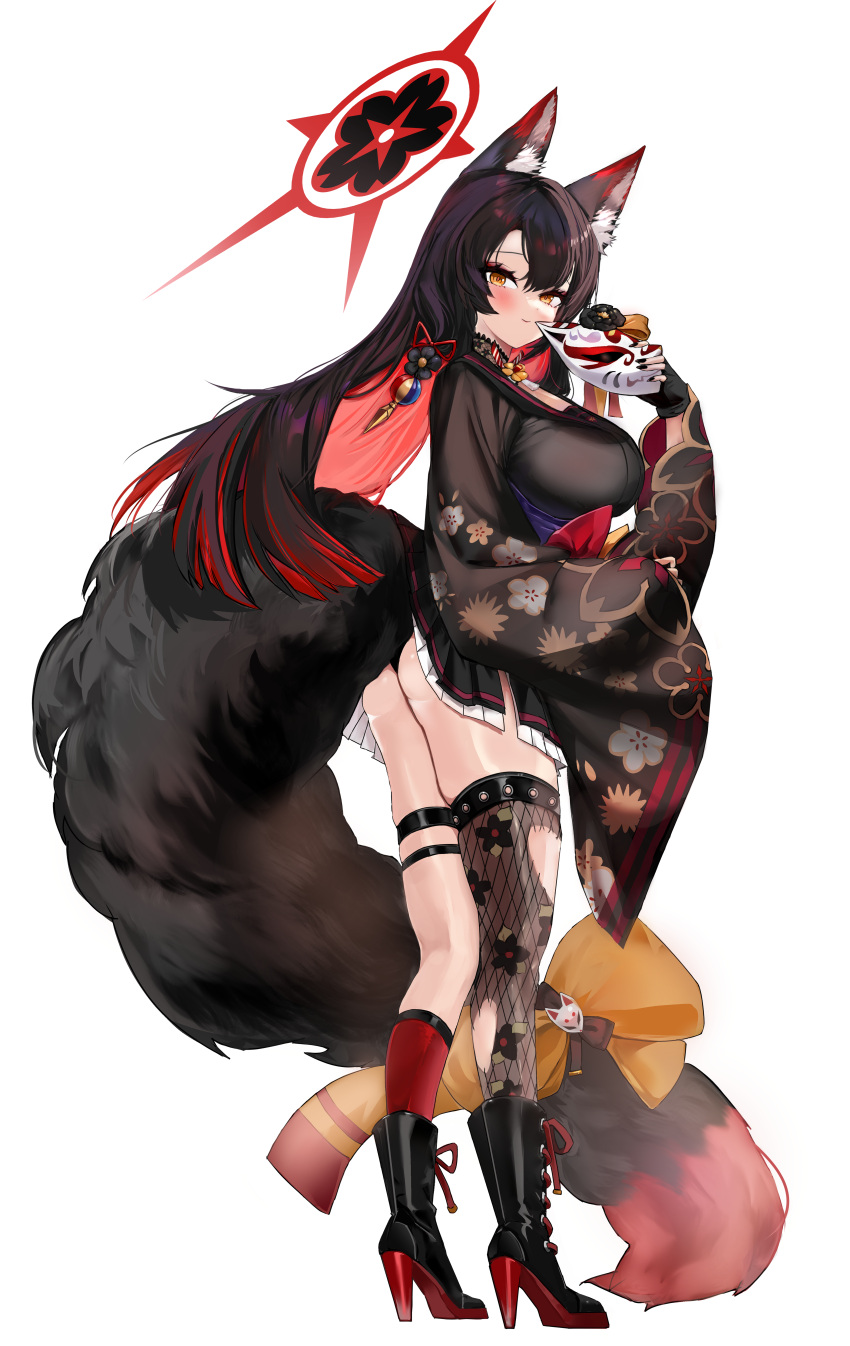 1girl absurdres animal_ears ass black_footwear black_gloves black_hair black_kimono black_nails black_panties black_thighhighs blue_archive blush boots closed_mouth colored_inner_hair delfin59 extra_ears fingerless_gloves fingernails fox_ears fox_mask fox_tail full_body gloves halo high_heel_boots high_heels highres holding holding_mask japanese_clothes kimono long_hair long_sleeves looking_at_viewer mask multicolored_hair nail_polish panties red_hair red_halo simple_background single_thighhigh smile solo tail thighhighs underwear wakamo_(blue_archive) white_background wide_sleeves yellow_eyes