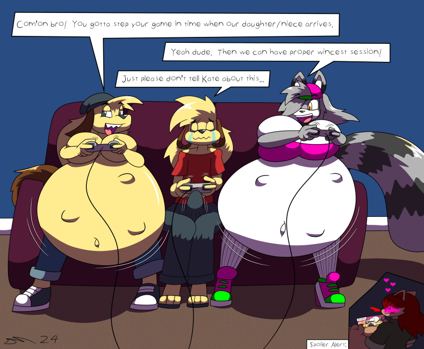 absurd_res anthro belly big_belly big_breasts black_body blonde_hair breasts brother_(lore) brother_and_sister_(lore) brown_ears brown_tail canid canine canis controller dirtymac domestic_dog english_text female fur gaming grey_body grey_fur grey_hair gynomorph hair hi_res huge_belly huge_breasts hyper hyper_belly hyper_breasts hyper_pregnancy incest_(lore) intersex male mammal orange_eyes pregnant pregnant_female pregnant_gynomorph pregnant_intersex procyonid raccoon red_hair sibling_(lore) sister_(lore) tail tan_body tan_fur text yellow_body yellow_fur