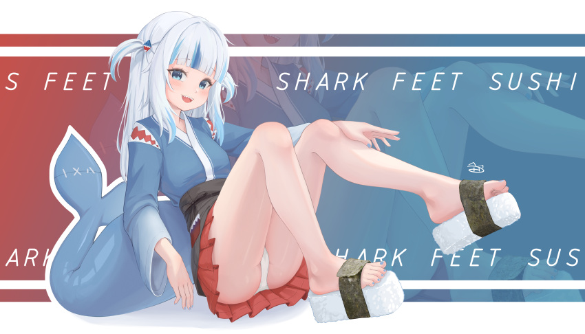 1girl absurdres alternate_costume artist_logo bare_legs barefoot blue_eyes blue_hair blue_kimono blue_nails blunt_bangs blush commentary english_commentary english_text feet fingernails fins fish_tail food foot_focus fpvjoe gawr_gura grey_hair hair_ornament hakama hakama_skirt highres hololive hololive_english japanese_clothes kimono knees_up legs long_hair long_sleeves looking_at_viewer multicolored_hair nail_polish open_mouth panties pantyshot red_hakama shark_girl shark_hair_ornament shark_tail sharp_teeth sidelocks sitting skirt smile solo streaked_hair sushi tail teeth toenail_polish toenails toes two_side_up underwear virtual_youtuber white_panties wide_sleeves